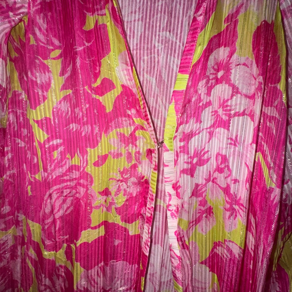 ROCCO SAND ziba coverup kimono neon pink and Green Long floral size XS - Picture 12 of 14